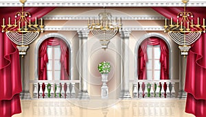 Classic palace interior vector background, royal castle room, red curtain, golden chandelier, balustrade.