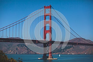 Classic panoramic view of famous Golden Gate Bridge seen from Baker Beach in beautiful summer sunny day with blue sky, San