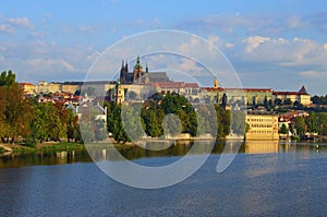 Classic panoramic view of medieval Prague. Scenic landscape of ancient Prague Castle and Saint Vitus Cathedral with Vltava River.