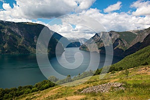 Classic panoramic view to the fjord from viewpoint on National Tourist Route Aurlandsfjellet, Norway