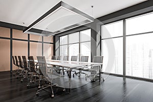 Classic panoramic white and grey conference room corner with long table and rectangular lamp