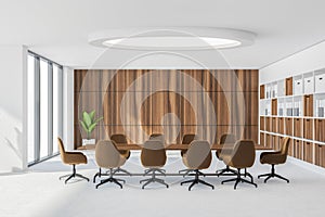 Classic panoramic white and wooden conference room with long table and round lamp