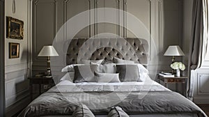 In a classic Parisian apartment a velvet upholstered headboard in a soft grey shade serves as the centerpiece of a chic