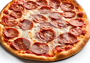 Classic pepperoni pizza on white table background.