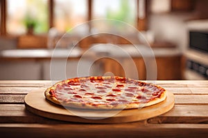 Classic pepperoni pizza on wooden table, kitchen background.