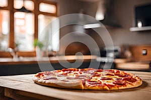 Classic pepperoni pizza on wooden table, kitchen background.