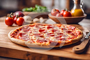 Classic pepperoni pizza on wooden table, kitchen background.