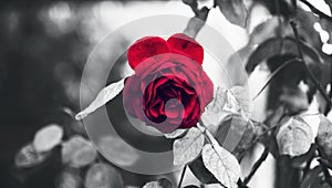 Classic Perfect Garden Red Rose And Thorns in Rain Highlighted With Black and White Conceptual