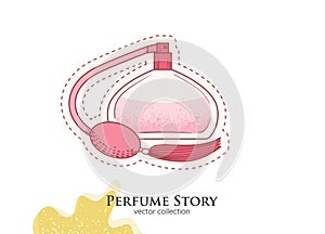 Classic Perfume bottle illustration. Glamour fragrance isolated icon. Woman perfume atomizer in retro bottle sticker