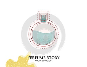 Classic Perfume bottle illustration. Man fragrance isolated icon. Ocean perfume in retro bottle sticker