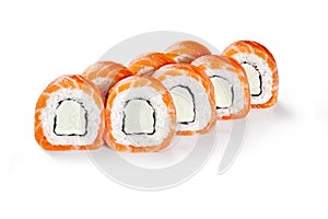 Classic Philadelphia sushi rolls with cream cheese wrapped in salmon fillet