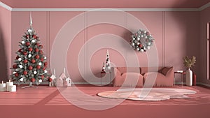 Classic pink background with copy space: Christmas decorated living room with tree, candles and ornaments, sofa, carpet and side