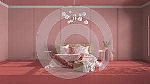 Classic pink background with copy space: empty bedroom, double bed with blanket, linens and pillows, pouf and decors. Glass modern