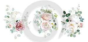 Classic pink rose, white peony, blush pink ranunculus, eucalyptus, green hydrangea, sage greenery vector design