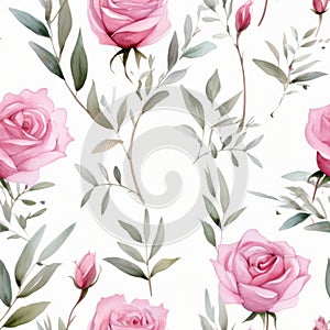 Classic Pink Roses with Green Leaves, Ideal for Romantic Occasions and Textile Design. Floral seamless pattern.