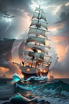 The Classic Pirate Ship Sailing through Stormy Clouds and Lightning on a Choppy Sea. AI generated