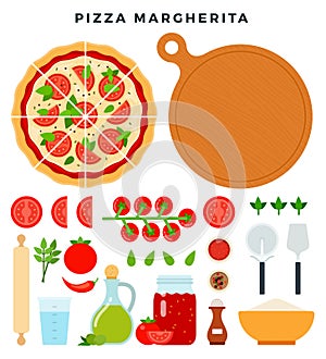 Classic pizza Margherita and all ingredients for cooking it. Make your pizza. Set of products and tools for pizza making
