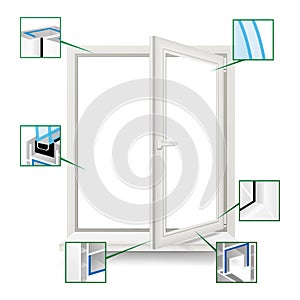 Classic Plastic Window Vector. Plastic White Window Frame Profile. Opened Realistic Window. Isolated Illustration