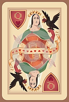 Classic playing card queen hearts. Vector illustrations