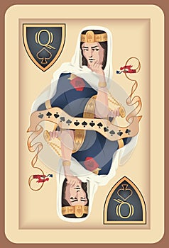 Classic playing card queen spades. Vector illustrations