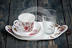 Classic Porcelain Turkish Coffee Cup with Tray and Glass