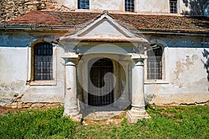 Classic portico of Lutheran fortified church in Chirpar, Sibiu County, Romania