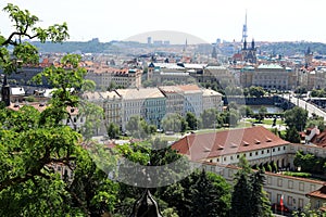 Classic Prague - aerial view to old roof buildings and street ,  Czech Republic