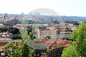 Classic Prague - aerial view to old roof buildings and street ,  Czech Republic