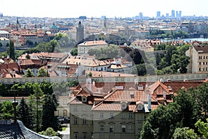 Classic Prague - aerial view to old roof buildings and street ,  Czech Republic