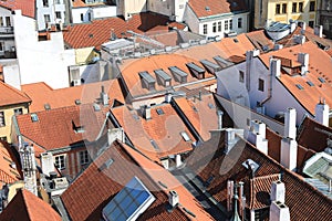 Classic Prague - aerial view to old roof buildings and street ,  Czech Republic