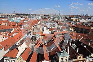 Classic Prague - aerial view to old roof buildings and street ,  Czech Republic