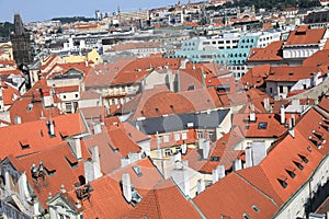 Classic Prague - aerial view to old roof buildings and street ,  Czech Republic