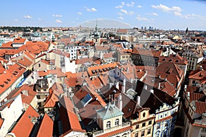 Classic Prague - aerial view to old roof buildings and street ,  Czech Republic