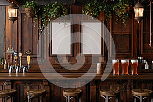Classic Pub Interior with Pint of Beer on Wooden Bar and Blank Frame