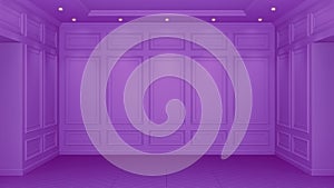 Classic purple interior with copy space. Red walls with classical decor. Floor parquet herringbone. 3d rendering
