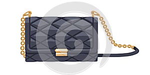 Classic quilted black flap bag with gold chain. Women fashion clutch. Small leather elegant purse. Modern rectangular