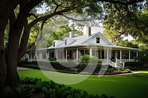 classic ranch house, with wrap-around porch, surrounded by lush greenery