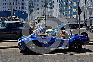 Classic rare American muscle car, vintage blue Ford Shelby Cobra 427 convertible.