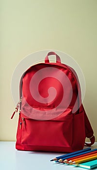 Classic red backpack, colorful pencils, notebooks, backtoschool, learning, texture