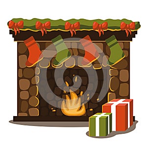 Classic red brick fireplace with red and green socks, Christmas garland and presents. Happy new year decorations. Vector
