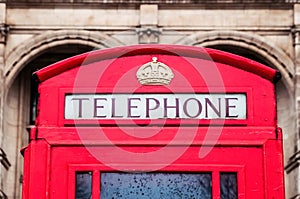 Classic red British telephone box in London