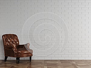 Classic red brown leather armchair standing in front of white brick wall with copy space