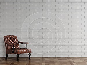 Classic red brown leather armchair standing in front of white brick wall with copy space