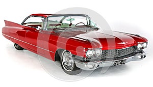 Classic 1960 Red Cadillac Coupe DeVille Car on White Background, Isolated. Vintage U.S. Car.