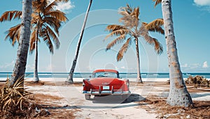 Classic red car parked by the shore, evoking nostalgia and summer vibes with its vintage charm against a backdrop of palm trees