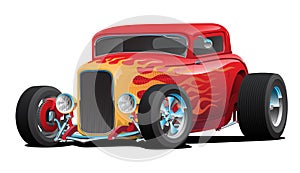 Classic Red Custom Street Rod Car with Hotrod Flames and Chrome Rims Isolated Vector Illustration