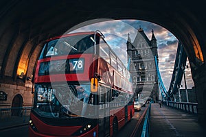 Classic red double decker at the tower Bridge in London. UK. Traffic in london