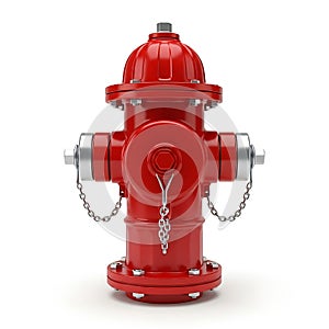 Classic red fire hydrant with silver chains on white background