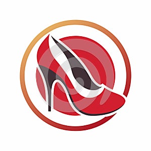 A classic red high heel shoe with a high heel, prominently showcased, Design a minimalist logo featuring a classic pair of high