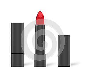 Classic red lipstick in black tube on white background, vector mockup